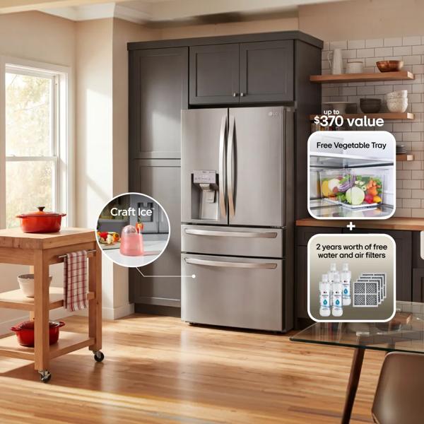 Alt Text : Apply to All Assets
An LG Refrigerator in kitchen setting. Pop-out on freezer shows a beverage with Craft Ice. 2 additional pop-outs display “Free Vegetable Tray” and “2 years worth of free water & air filters” (4 water and 4 air filters) with text “Up to $370 value”.