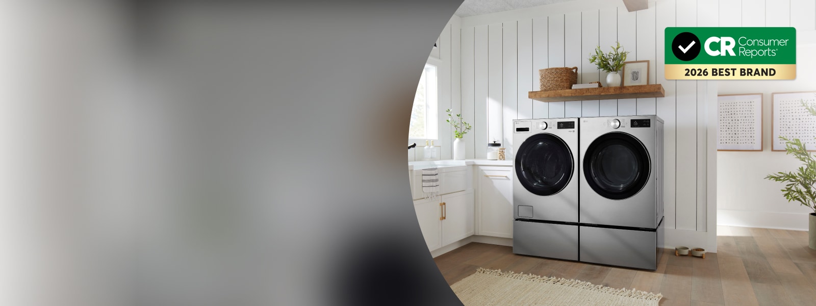 LG front-load washer and dryer on pedestals in a laundry room, with Consumer Reports 2026 BEST BRAND badge.