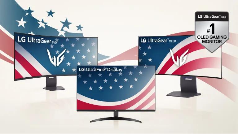A group of LG monitors on a stars and stripes background. “LG UltraGear OLED #1 Gaming Monitor” badge.”