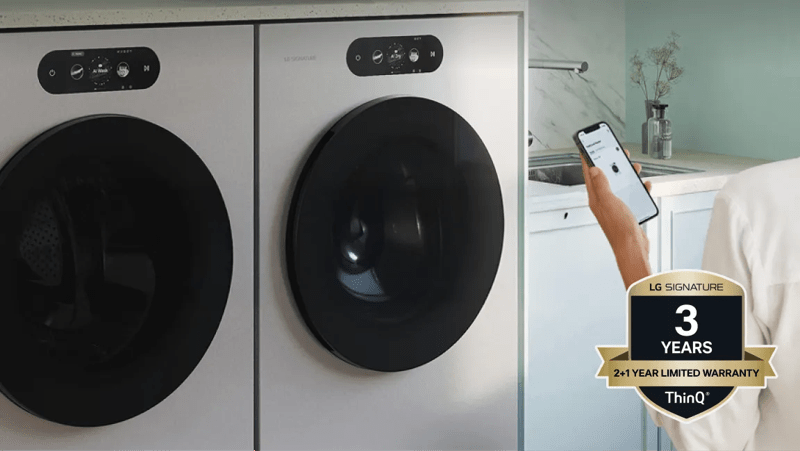 Various LG SIGNATURE appliances appear in various home settings. “3 Years Limited Warranty” badge.