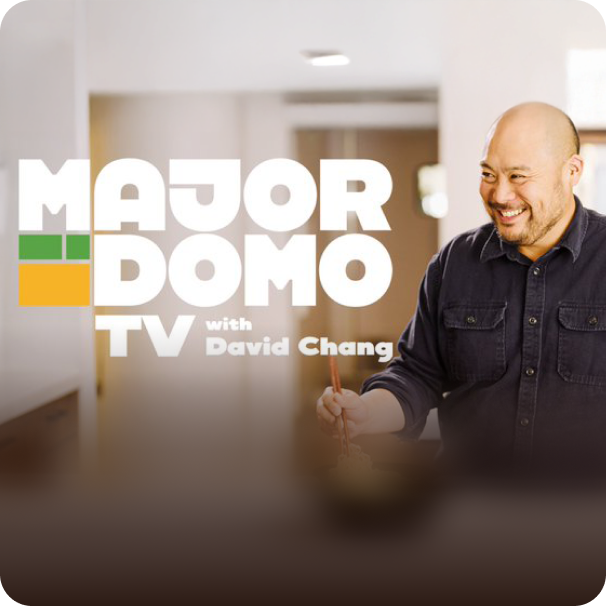 Majordomo TV with David Chang title card featuring chef David Chang smiling in a kitchen setting beside bold white text.
