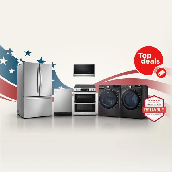 “Memorial Day Savings Event” title badge. A group of LG home appliances on a stars and stripes background. “America’s Most Reliable Line of Home Appliances”, “LG Top Deals”. 