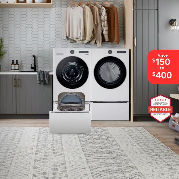 “Save \$150 to \$400” pop-out badge. An LG Washer and Dryer appear in a stylish laundry room setting. “America’s Most Reliable Line of Home Appliances”.