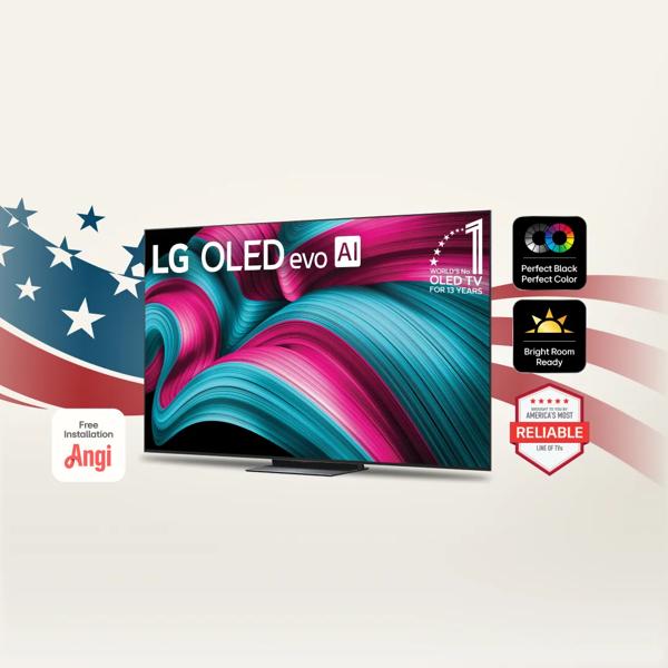 “Memorial Day Savings Event” title badge. An LG OLED TV on a stars and stripes background. “America’s Most Reliable Line of TVs”, “Perfect Black, Perfect Color”, “Angi Free Installation” and “Bright Room Ready” badges. 