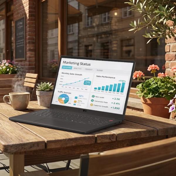 An LG gram Laptop sits open on a white outdoor café table beside a cup of coffee, displaying a colorful analytics dashboard with charts and graphs. Pink tulips bloom in the background, creating a bright spring setting. 