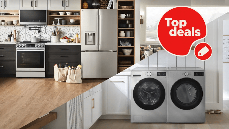 2 scenes from a kitchen and laundry room displaying LG appliances. “Top Deals” and “America’s Most Reliable Line of Home Appliances” badges.