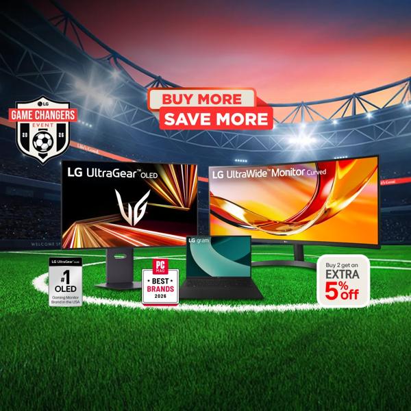 “Buy More, Save More” badge. Various LG Laptops and Monitors appear in soccer stadium setting. “Game Changers Event 2026” badge. “Buy 2 get an extra 5% off” pop-out text. “LG UltraGear OLED: #1 OLED Gaming Monitor Brand in the USA” badge. “PC MAC Best Brands 2026” badge.