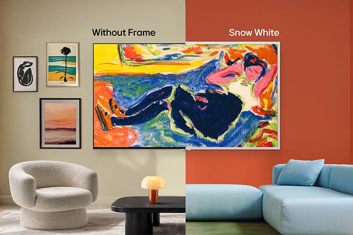 LG Gallery TV AI with frame LX7 ART TV featuring Attachable Frame is shown in a split view with Warm Walnut and Snow White frame options, mounted on two differently colored walls in modern living room settings.