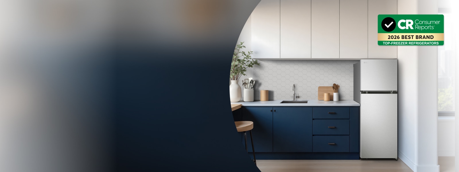 LG top-freezer refrigerator in a kitchen setting, with Consumer Reports badge: 2026 Best Brand Top-Freezer Refrigerators.