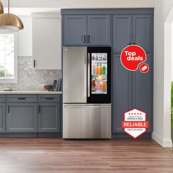 An LG InstaView Refrigerator in a stylish kitchen setting. “Top Deals” and “America’s Most Reliable Line of Home Appliances” badges. 
