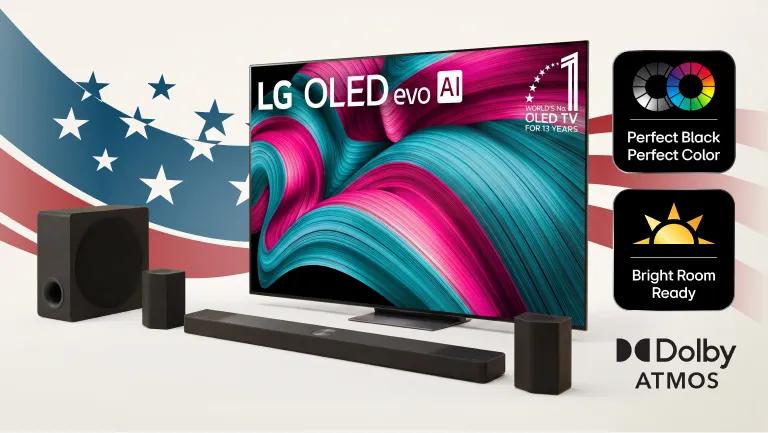 An LG OLED TV and Soundbar appear on a stars and stripes background. “Perfect Black, Perfect Color”, “Bright Room Ready” and “Dolby Atmos” badges.