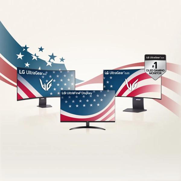 Memorial Day Savings Event” title badge. A group of LG monitors on a stars and stripes background. “LG UltraGear OLED #1 Gaming Monitor” badge. 