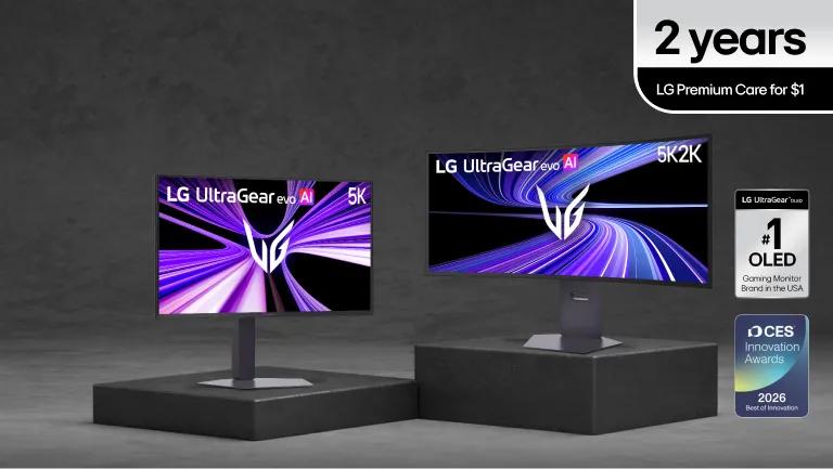“2 years LG Premium Care for $1” text. Various UltraGear evo AI monitors appear on smokey grey background. “#1 OLED Gaming Monitor Brand in the USA” and “CES Innovation Awards 2026” badges.