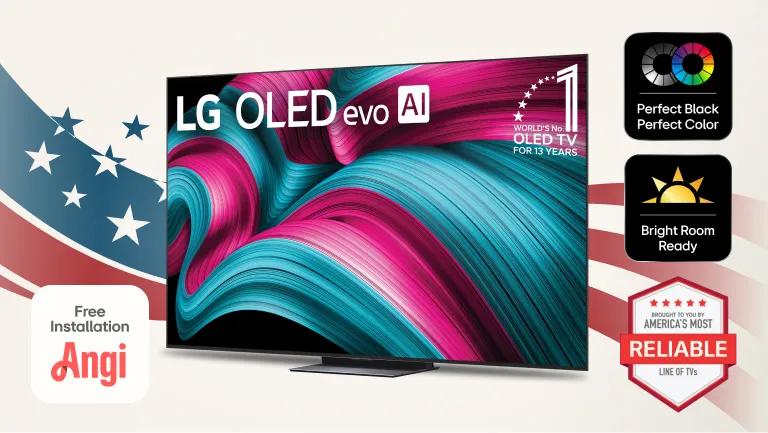 An LG OLED TV on a stars and stripes background. “America’s Most Reliable Line of TVs”, “Perfect Black, Perfect Color”, “Angi Free Installation” and “Bright Room Ready” badges.