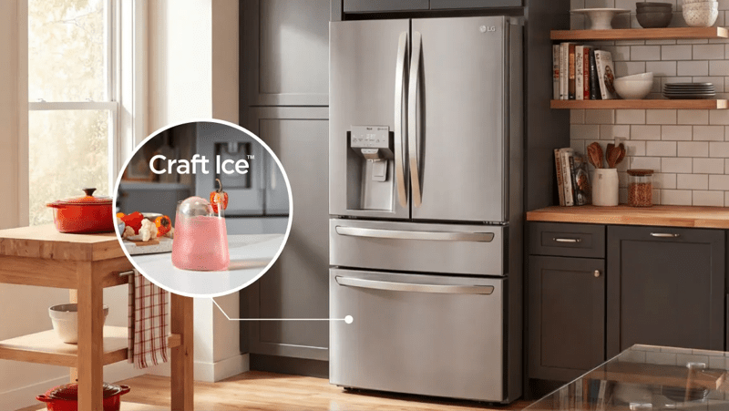 An LG Refrigerator in kitchen setting. Pop-out on freezer shows a beverage with Craft Ice.