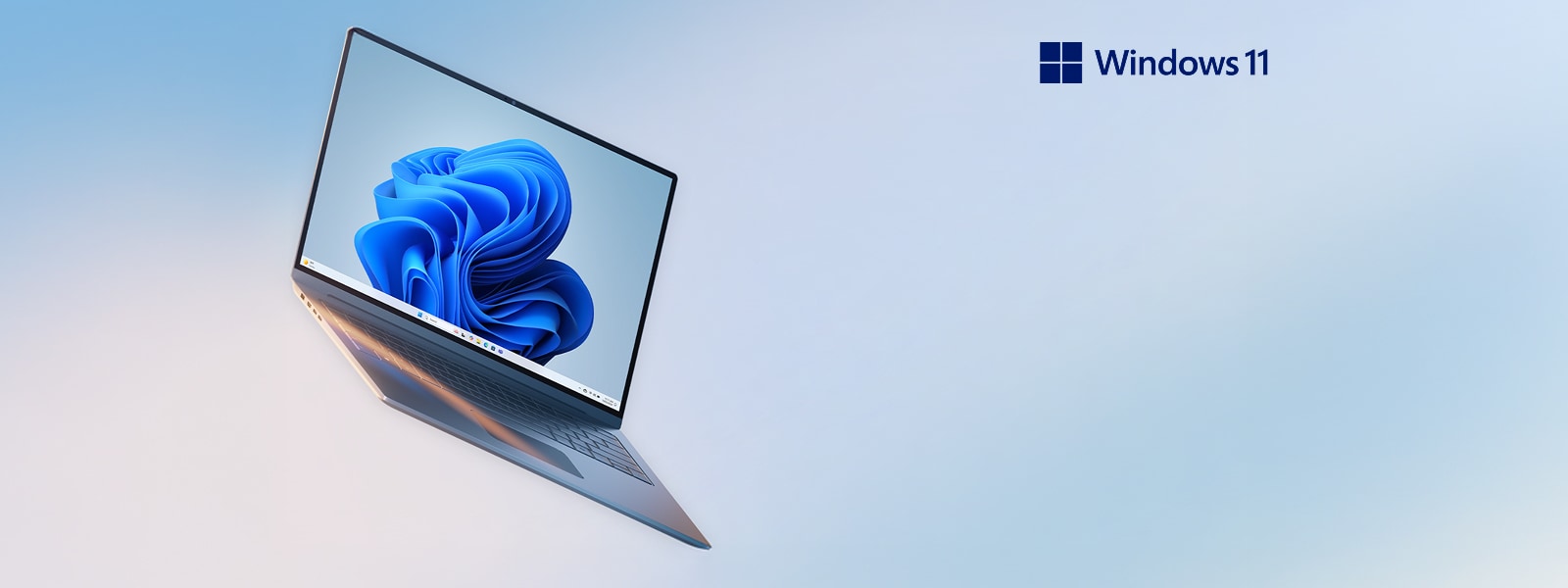 Open LG gram laptop running Windows 11 with blue swirl wallpaper on screen, angled against a light gradient background.