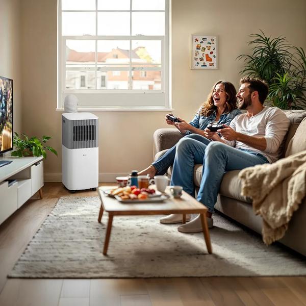 A man and woman play a video game in living room setting as a Portable LG Air Conditioner cools the room. 