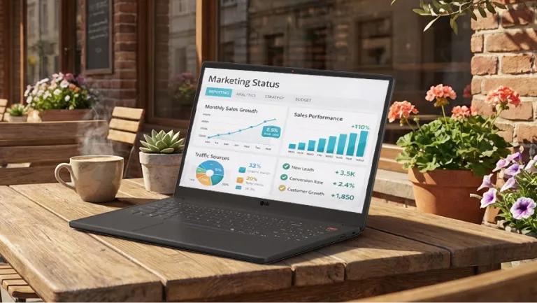 An LG gram Laptop sits open on a white outdoor café table beside a cup of coffee, displaying a colorful analytics dashboard with charts and graphs. Pink tulips bloom in the background, creating a bright spring setting.