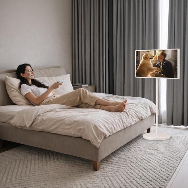 A woman watches a scene on her StanbyME 2 Portable Smart Touchscreen.