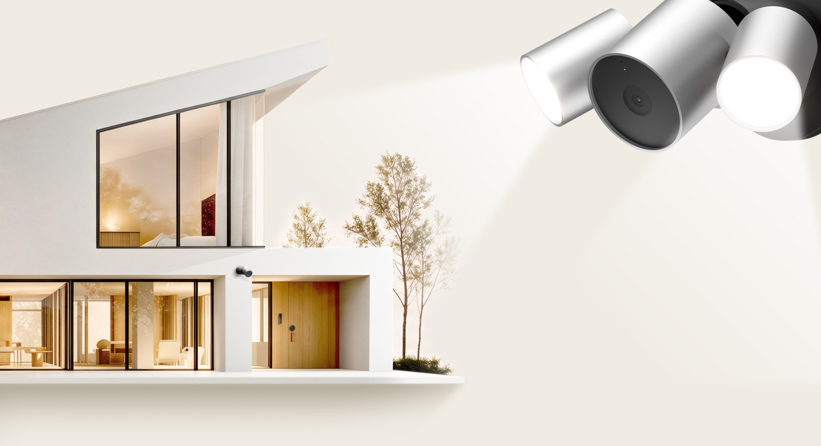 Outdoor security camera with dual floodlights illuminating a modern home exterior with smart home devices visible.