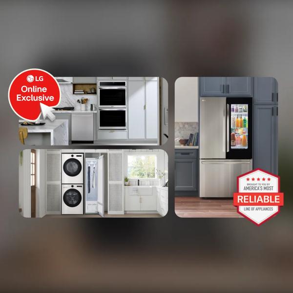 Three-panel LG appliance collage on a blurred dark background: a kitchen with built-in double wall ovens and dishwasher, a laundry nook with stacked washer/dryer and Styler steam closet, and a built-in French door refrigerator with glass InstaView panel in a blue-cabinet kitchen. An "LG Online Exclusive" badge appears on the left, with an "America's Most Reliable Line of Appliances" badge on the right.