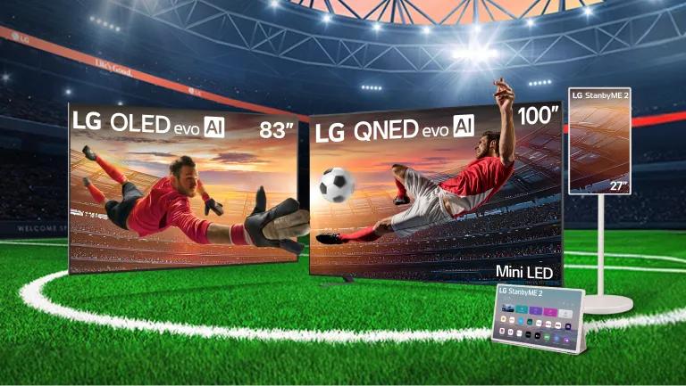 An LG OLED and QNED Mini LED TV appear beside a StanbyME 2 in soccer stadium setting. Screens show a player and goalie in action.