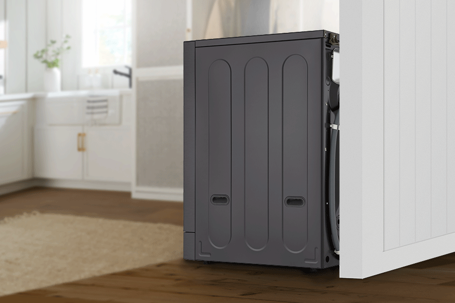 LG WM9998HBA Washer Dryer Combo with go-anywhere features shown in compact installation next to bathroom vanity