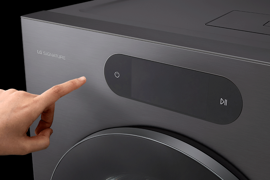 LG WM9998HBA Washer Dryer Combo with touch control panel showing power button - Close-Up