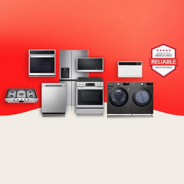 A collection of LG appliances, including a wall oven, refrigerator, microwave, cooktop, dishwasher, range, washer, dryer and air conditioner, is displayed against a red and beige gradient background. A hexagonal badge in the upper right highlights LG as America’s Most Reliable Line of Appliances.