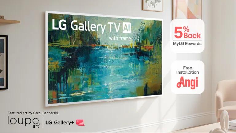 LG Gallery TV mounted flush to a living room wall displaying a vibrant still life painting in a bright, modern space with a chair and soft natural light. Featured art by Carol Bednarski. “Loupe Art | LG Gallery+”, “Angi Free Installation”, and “5% Back MyLG Rewards” badges.