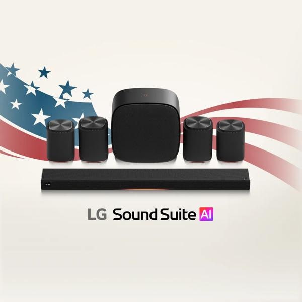 “Memorial Day Savings Event” title badge. An  LG Soundbar, Wireless Speaker and  Subwoofer appear in stylish living room setting. “LG Sound Suite AI” badge. 