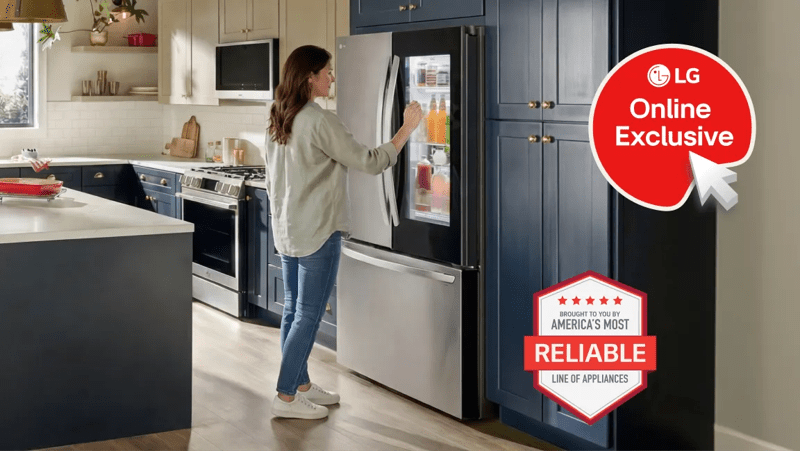 A front-facing image of a LRFGC2706S fridge. “America’s Most Reliable Line of Appliances” badge.