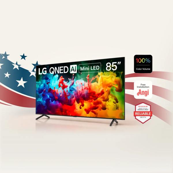 “Memorial Day Savings Event” title badge. An LG QNED TV on a stars and stripes background. “America’s Most Reliable Line of TVs”, “100% color volume”and “Angi Free Installation” badges. 