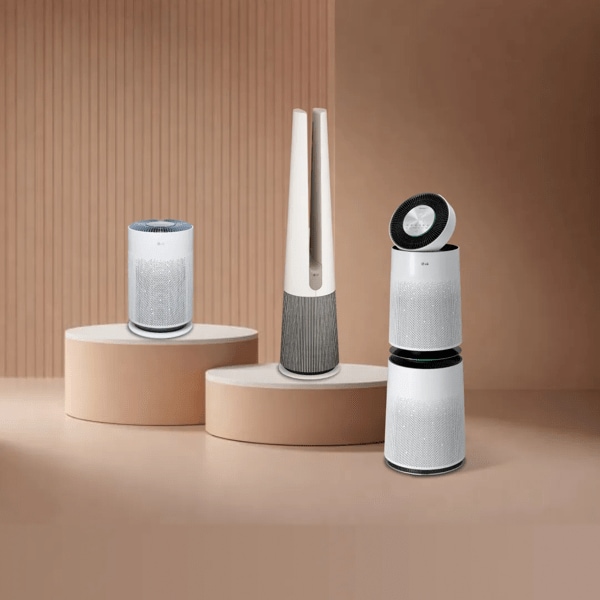 Various LG Air Care products appear on a beige background.