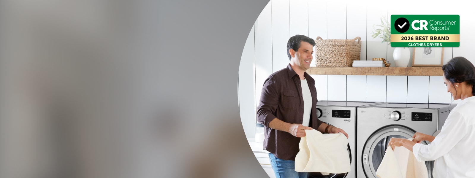 Two people handling laundry in front of LG front-load washer and dryer, with CR Consumer Reports 2026 Best Brand Clothes Dryers badge.