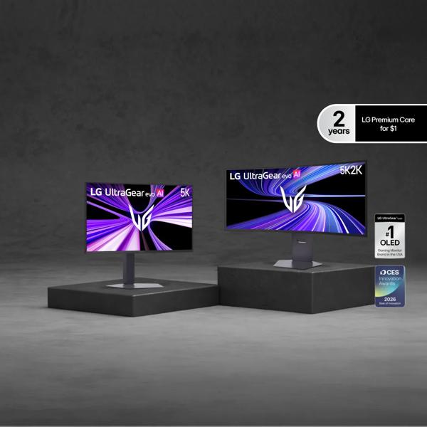 "2 years LG Premium Care for \$1” text. Various UltraGear evo AI monitors appear on smokey grey background. “\#1 OLED Gaming Monitor in the USA” and “CES Innovation Awards 2026” badges. 