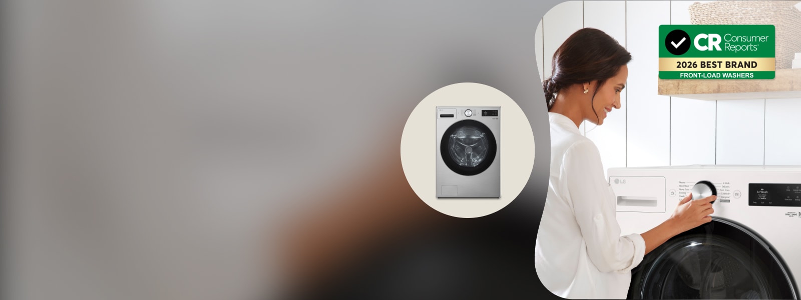 LG front-load washer with a person adjusting the controls, featuring Consumer Reports 2026 Best Brand Front-Load Washers badge.
