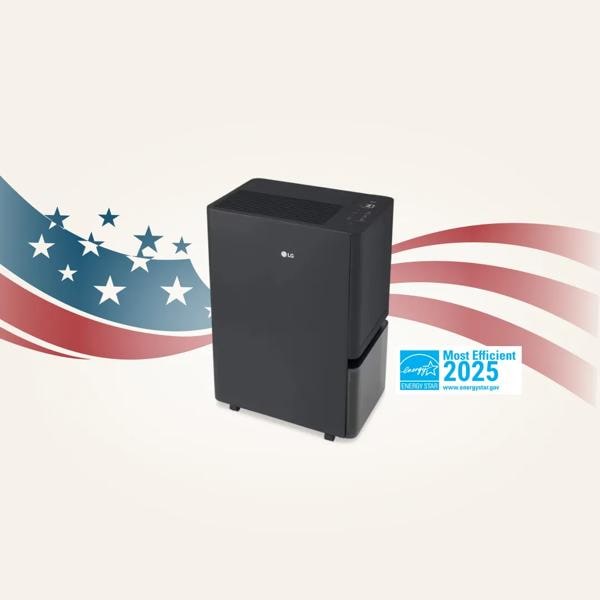 PuriCare™ 50-Pint Dehumidifier on a stars and stripes background. “Energy Star: Most Efficient 2025” badge.
