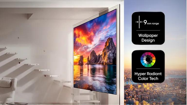 An OLED G6 TV in a stylish sun-filled living room. “Wallpaper Design”, “Hyper Radiant Color Tech” and “Reflection Free Premium” badges.