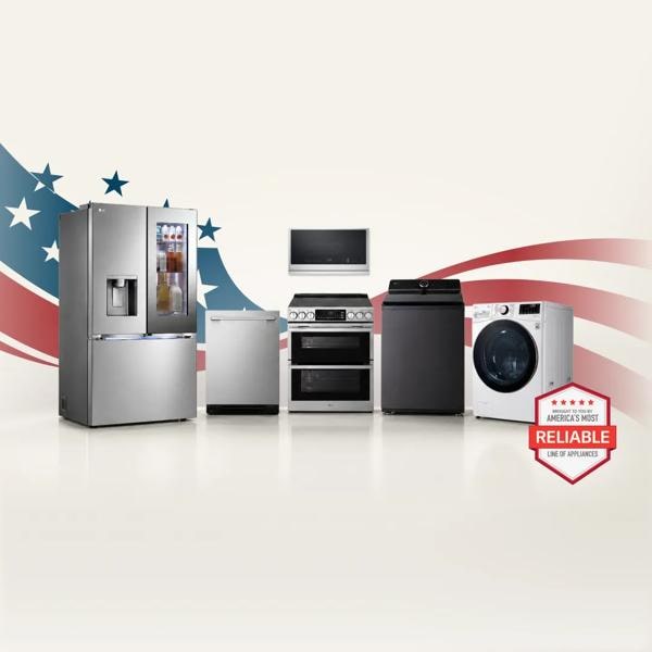 Memorial Day Savings Event title badge. A group of LG home appliances on a stars and stripes background. America’s Most Reliable Line of Home Appliances