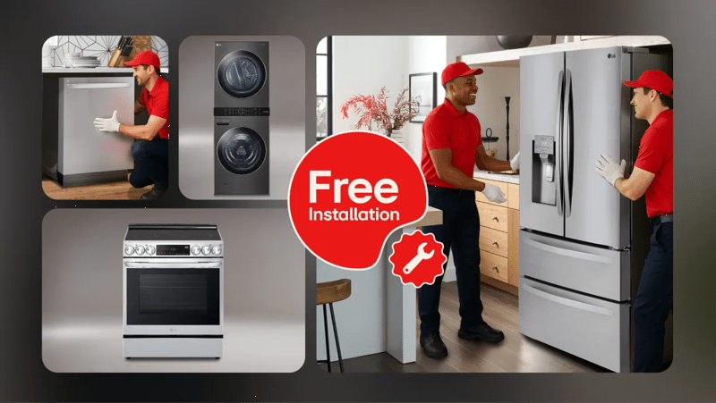 Various scenes with professionals installing LG appliances. “Free Installation” badge.