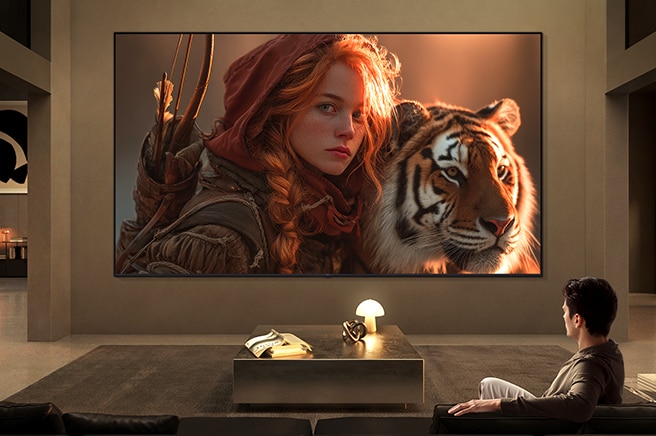 LG TV for watching movies fills a modern living room with a cinematic scene on a large wall-mounted display, featuring a detailed close-up of a character and tiger, highlighting rich color depth, strong contrast, and immersive viewing.