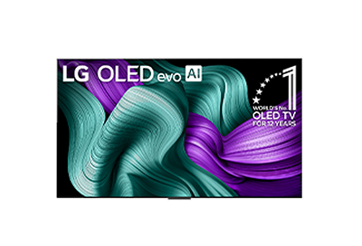 A front-facing image of an LG Signature OLED M5 showing abstract green and purple shapes on the screen.