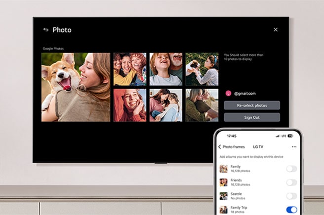 LG ART TV shows a Google Photos grid of family snapshots, while a phone displays an album list with the Family Trip album toggle switched on.