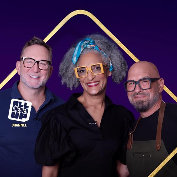 ”All Chewed Up Channel” title badge. Chefs Michael Symon, Carla Hall and Clinton Kelly pose on a purple background. “LG Channels” badge. 