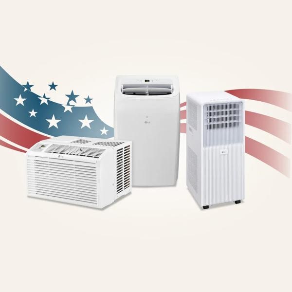 Various LG Air Conditioners on a stars and stripes background. “Memorial Day Savings Event” title badge. 