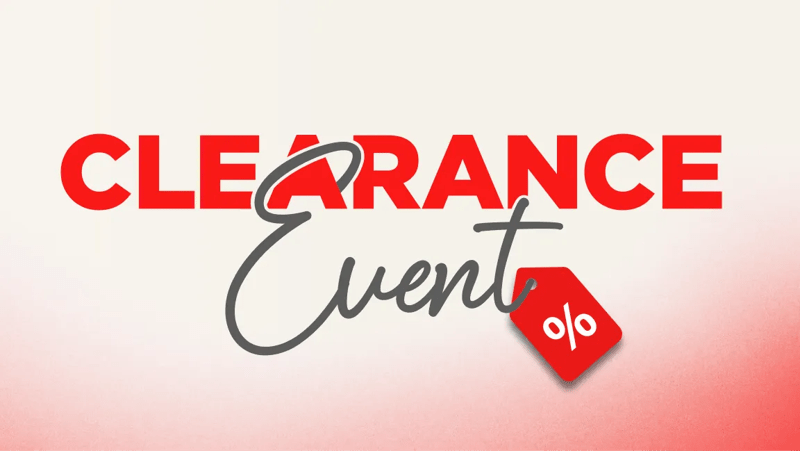“Clearance Event” title badge on a red and white background. 