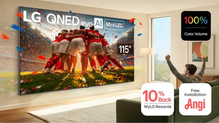 Man celebrates in living room as LG QNED evo AI Mini LED TV shows soccer team huddle with confetti. Badges highlight 100% color volume, 10% back through MyLG Rewards, plus free installation with Angi.