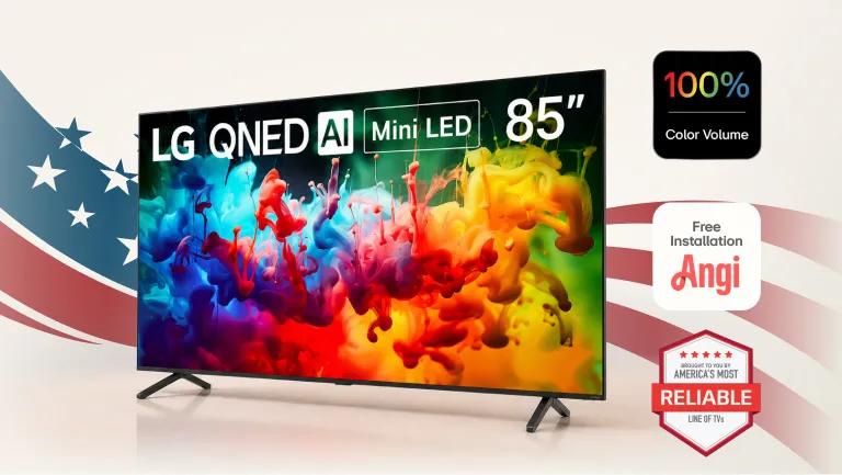 An LG QNED TV on a stars and stripes background. “America’s Most Reliable Line of TVs”, “100% color volume”and “Angi Free Installation” badges.