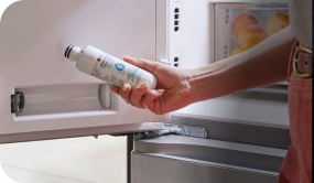 A hand showing how easily replacing a water filter in an LG refrigerator door.